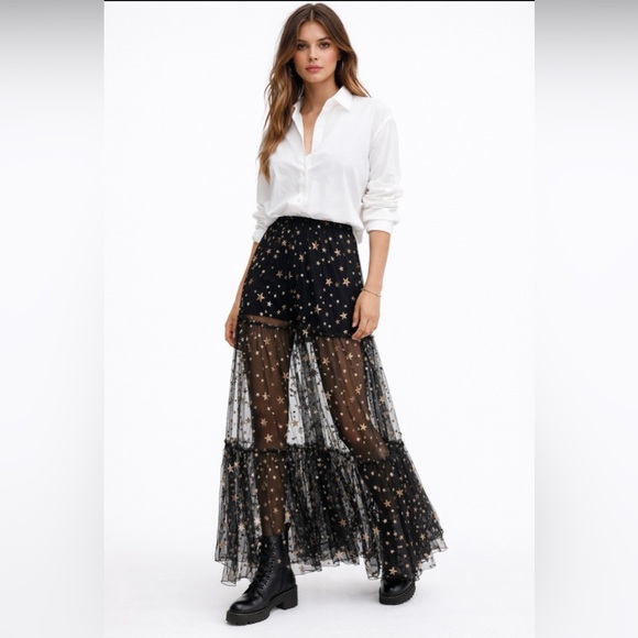 Free People Dresses & Skirts - Free People Black Starry Mesh Maxi Skirt S NWT